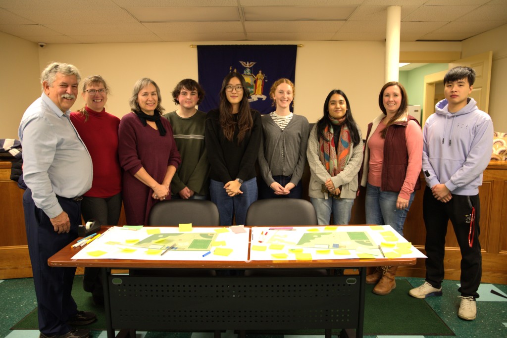 Photo by J.T. Stone
From left to right: Marvin and Allison Pritts, Ulysses Town Clerk Carissa Parlato, Cornell Design Connect members Reiley Cahill-Steeg, Maple Shang, Jonah Yarbrough and Upasana Patgiri, Ulysses Town Supervisor Katelin Olson and Cornell Design Connect member Brandon Chen. Town of Ulysses officials and Cornell Design Connect students attended a Nov. 12 open house at Ulysses Town Hall to discuss plans to turn a 15-acre land parcel donated by the Prittses into the town’s first community park.
