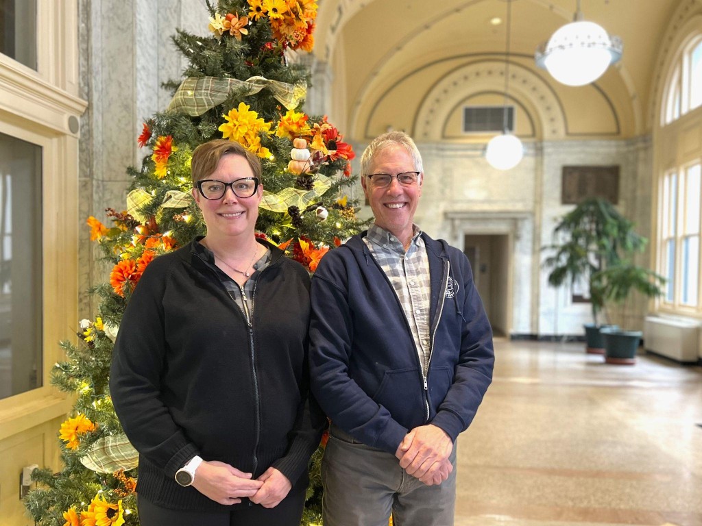 Photo by Jaime Cone Hughes
Kelly Anderson, finance officer for the town of Ithaca, with Rod Howe, Ithaca town supervisor, in the lobby of the Ithaca Town Hall. 