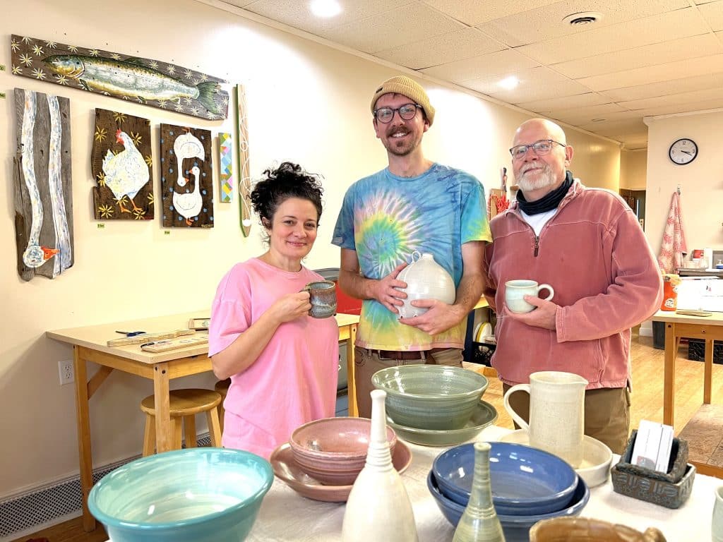 Photo by Jaime Cone Hughes
(Left to right) Beth Wright, owner of Claybird Pottery Studio in Dryden, with instructors John Vorstadt (middle) and Mark Roberson.