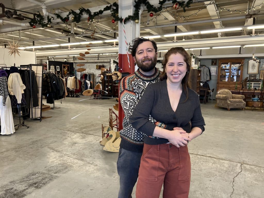 Photo by Jaime Cone Hughes 
Vanessa Weber and Jeremiah Cigno, owners of FOUND in Ithaca, in their new SouthWorks space. A local mainstay of vintage clothing, furniture and decor, FOUND relocated due to the county’s purchase of their original home for the purpose of building a homeless shelter. The store had a popup before the holidays and officially opened its doors to the public last weekend. 